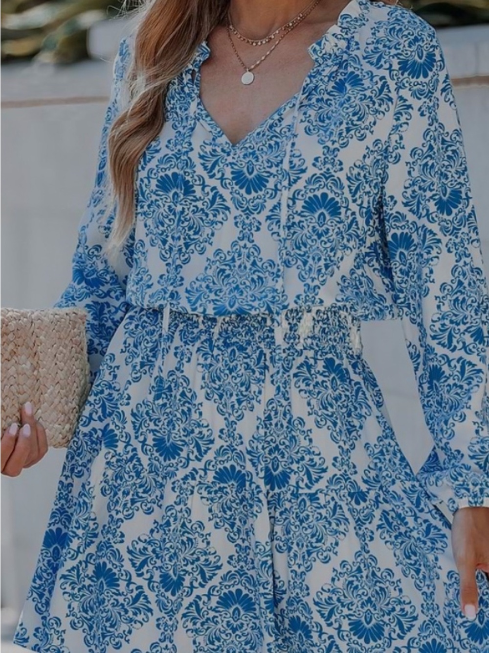 Blue & White Printed Long-Sleeve Tie-Neck Dress